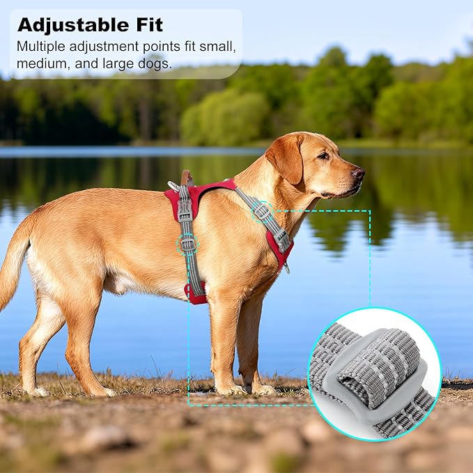 No Pull Dog Harness – Adjustable Reflective Nylon Vest for Small Medium Large Dogs, Escape Proof Training Harness with Leather Control Handle, Lightweight Aluminum Hardware (Red, S)
