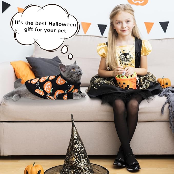 Pet Puppy Dog Halloween Sweater Cat Pumpkin Knitwear Clothes Costume with Cute Boo Pattern Halloween Sweater Coat for Kittens Small Dogs Cats XL