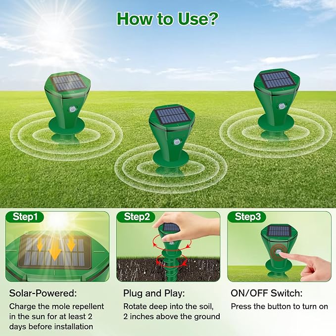 Mole Repellent Solar Powered Ultrasonic,Deer Repellent Devices,Gopher Trap Groundhog Repeller,Sonic Spikes Get Rid of All Pests Vole, Chipmunk,Cat,Skunk,Snake,Mole Trap for Lawn, Garden Yard (2P)