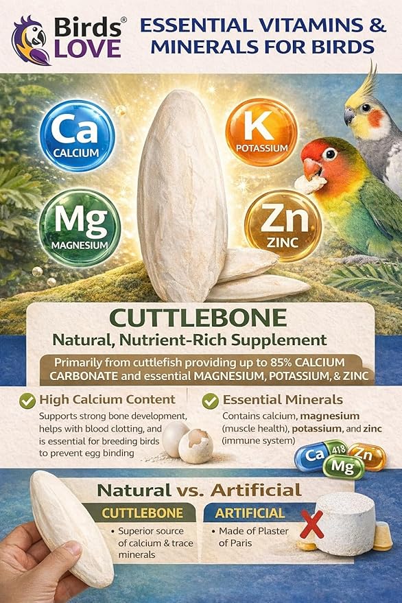 Birds LOVE 3.5-4″ Cuttlebones for Birds – 100% Natural Sun-Dried Calcium & Beak Conditioning Supplement for Parakeets, Budgies, Cockatiels, Finches & Canaries – 4 Pack with Holder – Made in Vietnam
