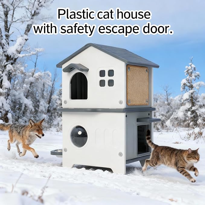 Outdoor Cat House with Insulated Liner, Weatherproof for Feral Multi Cat, 2 Story Plastic Elevated Cat Shelter with Escape Door, Scratching Post, Stainless Steel Bowl, Grey 35" D x 15" W x 20" H