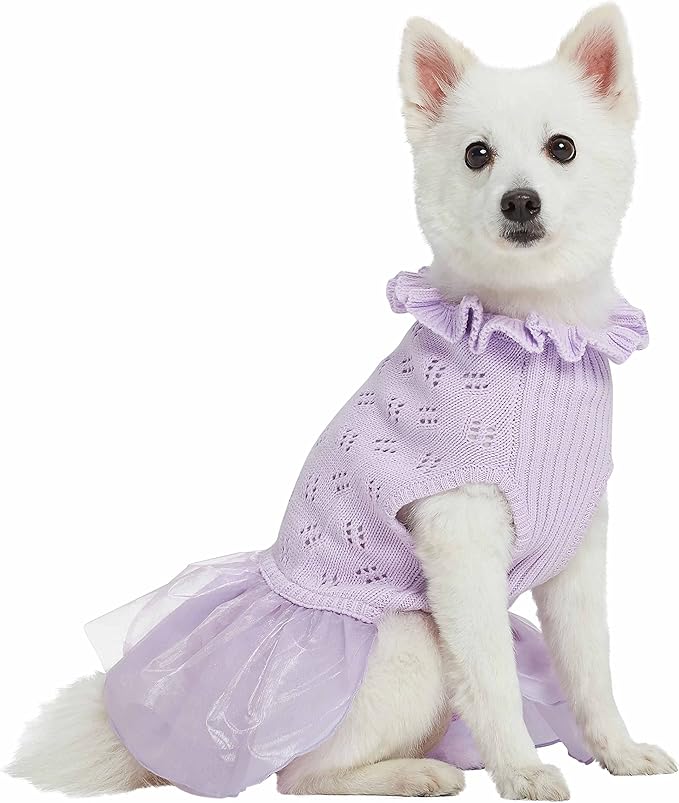 Blueberry Pet My Cutie Princess Ruffle Collar Dog Sweater Dress with Layered Tulle, Light Lavender, Back Length 12", Fall Winter Clothes for Girl Dogs