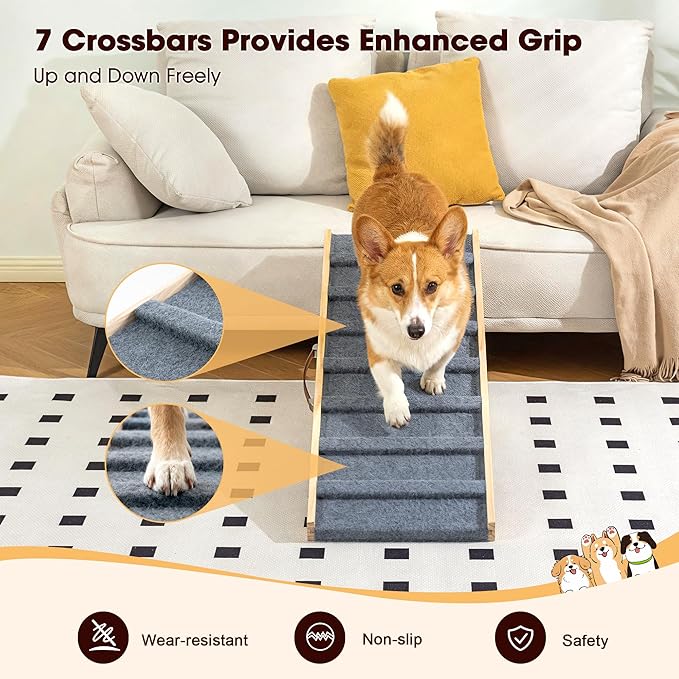 Dog Ramp for Bed, 39.4" Long Wooden Pet Ramp for Small & Large Dogs, 4 Adjustable Heights 12.2" to 22" with Anti-Slip Carpet & Carrying Handle Holds, Portable Dog ramps for Car, Bed, Couch, Outdoo