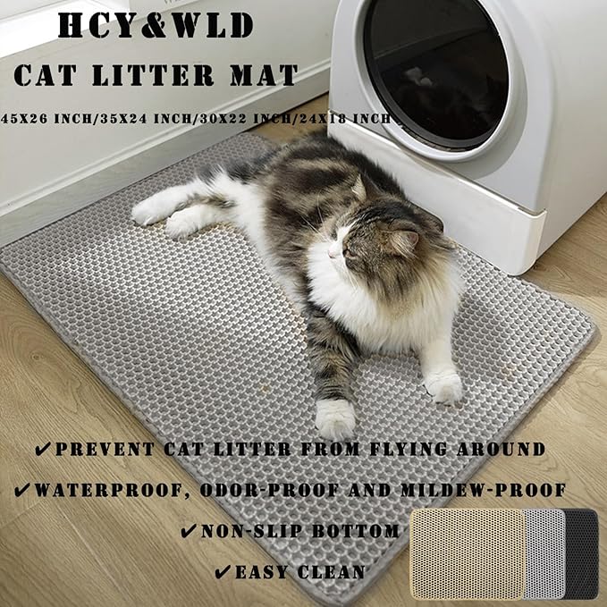 HCY&WLD Cat Litter Mat, 45x26/35x24/30x22/24x18 Inch Double Layer Cat Litter Box Mat, EVA Non-Slip, Waterproof Urine Proof Cat Litter Catcher Mat, Easy Clean Scatter Control (35x24 Inch, Black)