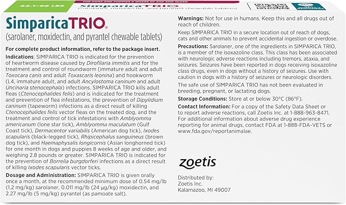 Simparica Trio (sarolaner, moxidectin, and pyrantel chewable Tablets) Chewables for Dogs, 48 mg/tab, 44.1-88 lbs, (Green), 1 Tablet