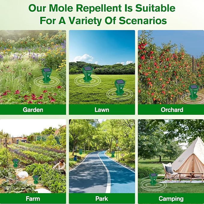 Mole Repellent Solar Powered Ultrasonic,Deer Repellent Devices,Gopher Trap Groundhog Repeller,Sonic Spikes Get Rid of All Pests Vole, Chipmunk,Cat,Skunk,Snake,Mole Trap for Lawn, Garden Yard (4P)