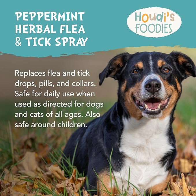 Houdi's Foodies Herbal Flea & Tick Pet Spray by North American Herb & Spice - Peppermint Scent - 4 fl oz - Kills & Repels Fleas, Ticks + Mosquitoes - DEET-Free, Plant-Based Formula