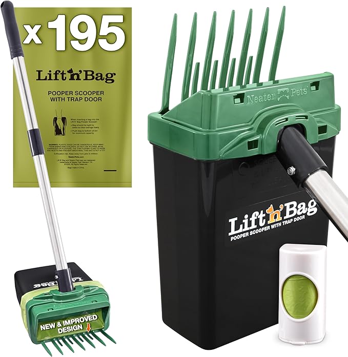 Neater Pet Brands Lift N’ Bag 2.0 Dog Pooper Scooper with Bag Attachment & 22" Pole for Small to Large Dogs, New & Improved Design, 195 Refill Bags, Heavy Duty Dog Poop Scooper for Yard, One-Hand Use