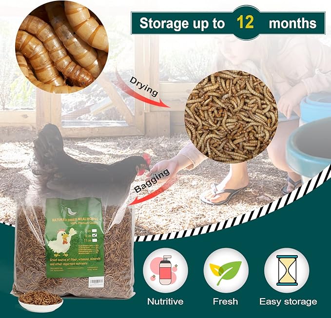 5LB 100% Natural Non-GMO High Protein Dried Mealworms, Large Size No Moisture, Perfect for Chickens Birds Hedgehog Hamster Fish Reptile Turtles