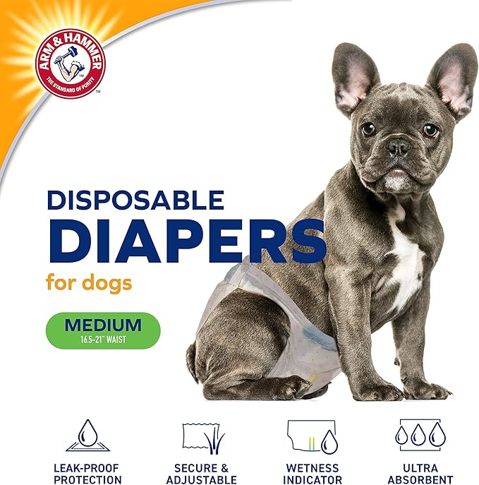 Arm & Hammer for Pets Disposable Female Dog Diapers with Odor Control and Wetness Indicator, Leak Resistant Dog Diapers for Incontinence and Heat Cycles, Size Medium 16.5–21 in Waist, 12 Count