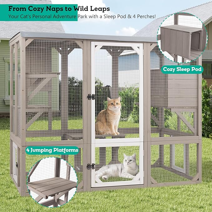 118" Large Catio Outdoor Cat Enclosure, Weatherproof Cat Patio Enclosures for Multiple Cats, Outside Kitty Cage Catio Window Access with 8 Jumping Platforms & 2 Resting Rooms