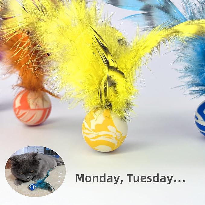 Feather Chase & Fetch Balls for Indoor Cats – 5 Pack Durable Rubber Cat Toys with Natural Feathers, Interactive Exercise & Hunting Play, Bouncy Balls for Active Kittens and Adult Cats