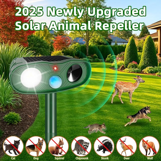 2026 Racoon Squirrel Sonic Fortress Pro Rabbit Repellent Outdoor, Solar Ultrasonic Animal Repeller Deer Deterrent with Motion Sensor&Flash Light to Scare Cat Skunk Dog Out of Garden Farm Yard(4Pack)