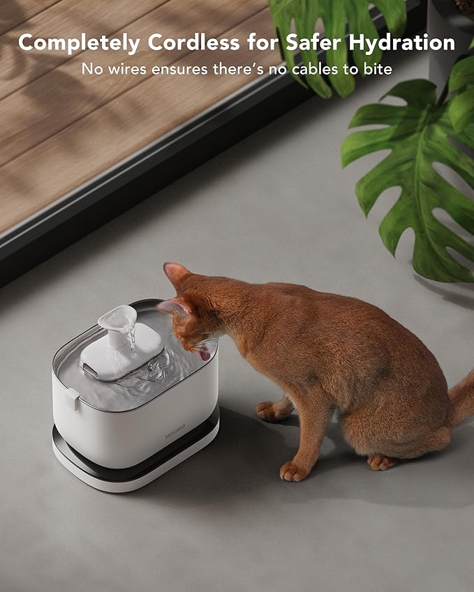 PETLIBRO Cordless Cat Water Fountain, Rechargeable Battery Operated Wireless Pet Water Fountain, 2.5L/84oz Cat Water Dispenser for Drinking with Quiet Pump Stainless Steel Tray Easy Clean BPA Free