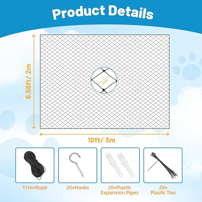 Lewondr Cat Netting Balcony, 10x26ft Steel Wire Reinforced Balcony Screen for Pets, Anti-Fall Pet Mesh Fence Cat Safety Net for Balcony, Window, Stair, Patio