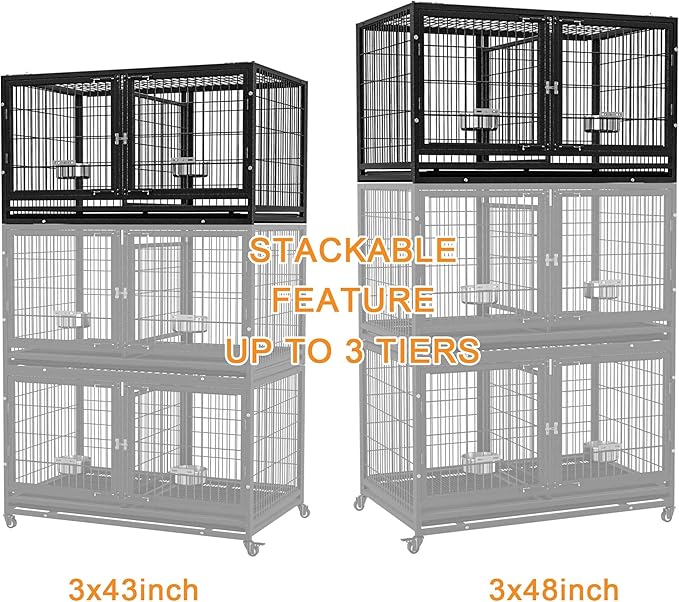 43 inch Heavy Duty Dog Crate for Large Dogs, Stackable Dog Kennels and Metal Wire Cages with Feeding Bowls, Leak-Proof Pans, Removable Wire Trays and Divider, Extra Large XL XXL