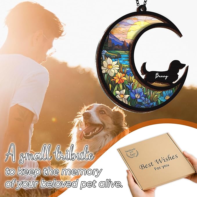 6'' Dachshund Long Hair Memorial Suncatcher, Custom Name, Pet Ornament Window Car Hanging, Sympathy Gift for Loss of Pet, Passed Away Remembrance Gift for Dog Lovers 12-SS1