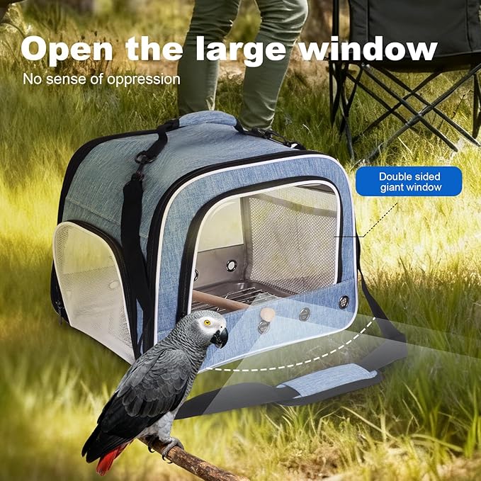 halinfer Bird Travel Carrier Cage for Large Size Parrot, Portable Bag with Metal Tray and Grate to Carry and Transport Medium and Large Birds Like African Grey, Long Tail Cockatiel and Parrot
