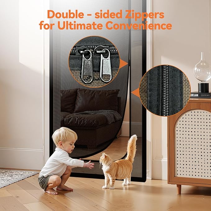 BFNN Cat Screen Door, Extra Tall Cat-Proof Mesh Gate, Fit Door Size 30'' x 80.5'', Anti Scratch Mesh with Zipper Closure, for Living Room, Kitchen, Bedroom (Black)