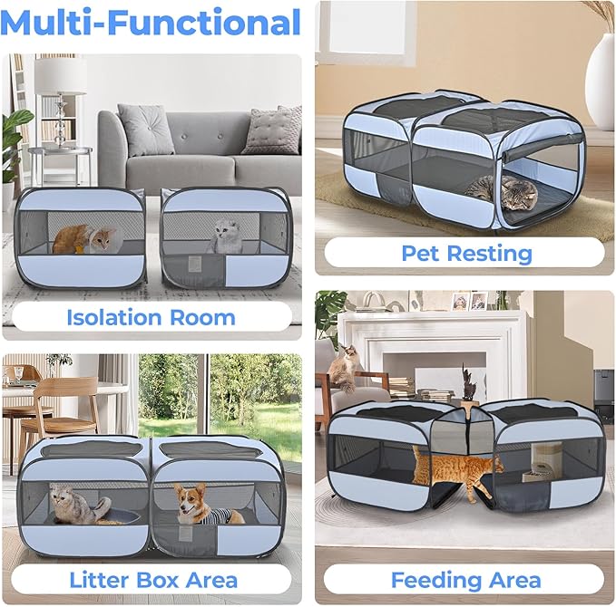2-in-1 Pop Up Cat Playpen, Detachable into 2 Separate Pens with Additional Doors, Assembly-Free Portable Dog Crates Pet Pen Tent Kennel Kitten Puppy Enclosure Cage Indoor Outdoor Foldable Condo(S)