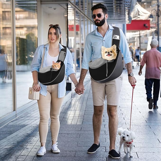 Pawaboo Pet Dog Sling Carrier, Hand Free Drawstring Dog Papoose with Adjustable Strap, Breathable Mesh Bag for Puppy Cat, Crossbody Satchel Dog Purse with Pocket for Outdoor, Dark Gray+Black, Medium
