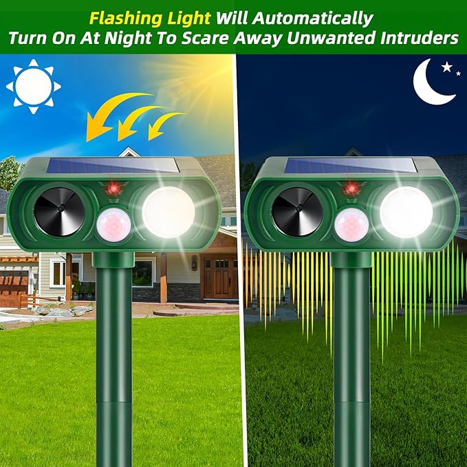Upgraded Solar Ultrasonic Animal Repellent Outdoor Deer Repellent Cat Deterrent with Motion Sensor Flash Light for Possum Skunk Rodent Squirrel Raccoon IP65 Waterproof Repeller for Yard Garden,4 Pack