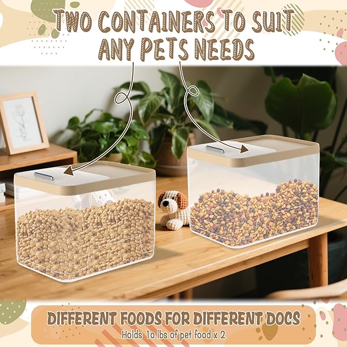 CIEOVO 2 Pack Airtight Dog Food Storage Container, 10Lbs Clear Pet Dog Food Storage Bin with Measuring Scoops for Rice Grain Pet Dog Cat Bird Dog Treat Storage Food Fresh