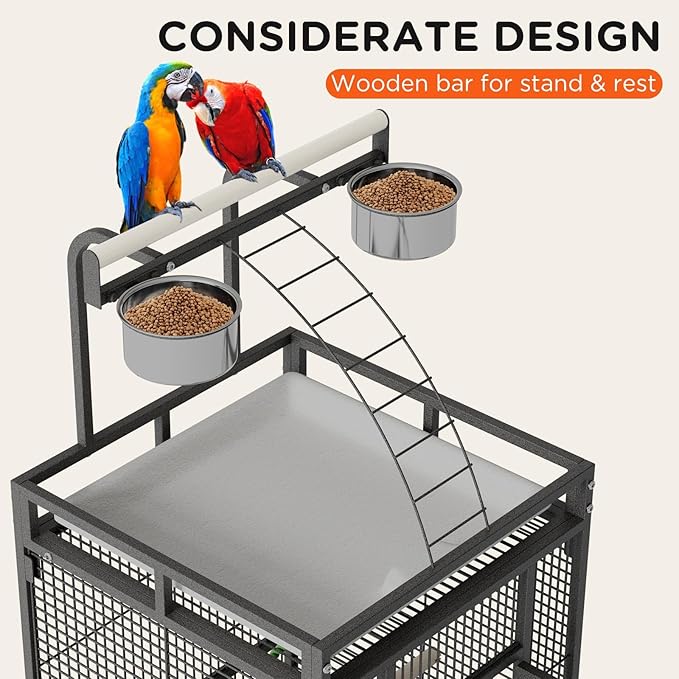 60 Inch Large Bird Cage - Wrought Iron Bird Cage with Rolling Stand, Play Top, 4 Stainless Steel Bowls, Slide-Out Tray, Metal Parrot Cage for Cockatiel, Conure, Budgie, Lovebird - Black