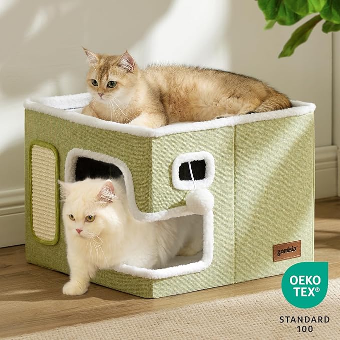 Cat Beds for Indoor Cats - Large Cat House for Pet with Fluffy Ball Hanging and Scratch Pad, Foldable Cat Hideaway,16.5x16.5x13 inches, Navy