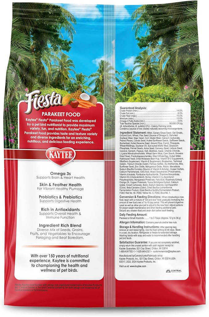 Kaytee Fiesta Parakeet Food,Nutritious and Fun Blend,Supports Skin,Feather,Digestion,Brain and Heart Health,2 pounds,(Pack of 2)