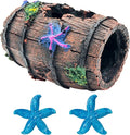 GSD Star-Fish Broken Barrel Decor Resin Betta Tank Accessories Ornaments for Cave Hide Decorations, Broken Barrel x 1pc, Blue Star Fish Ornaments x 2pcs