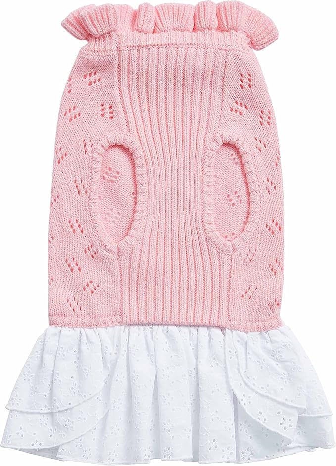 Blueberry Pet My Cutie Princess Ruffle Collar Dog Sweater Dress with Guipure Lace, Pink, Back Length 12", Fall Winter Clothes for Girl Dogs