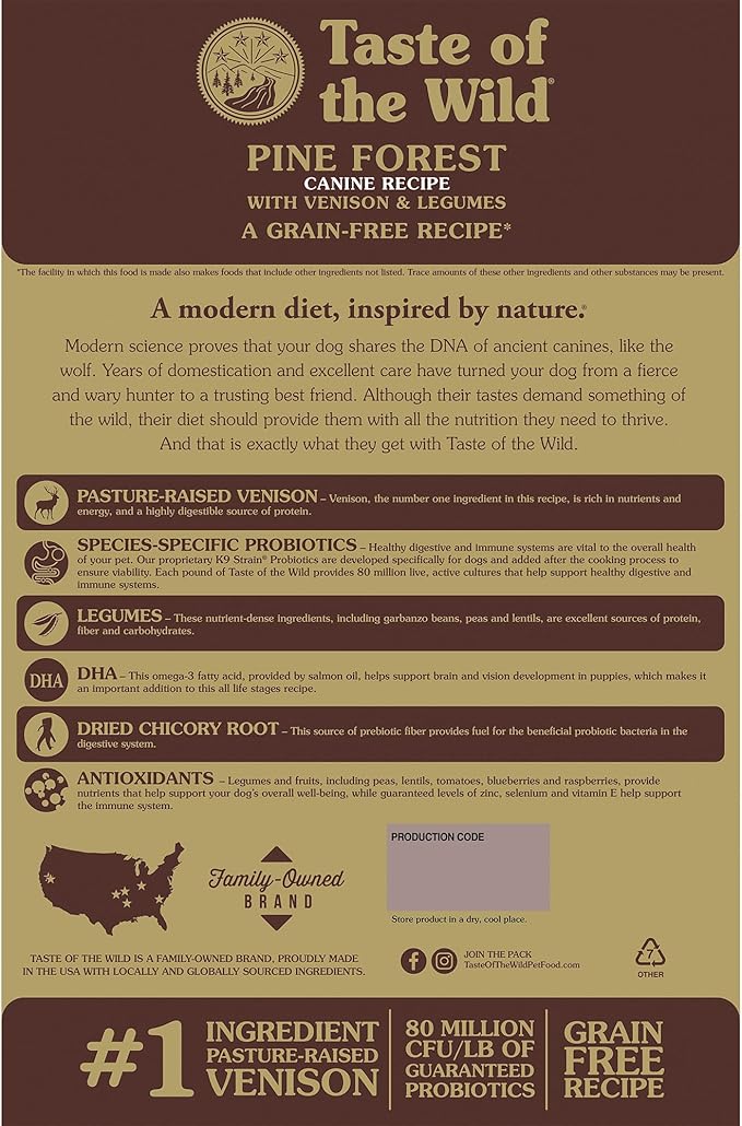 Taste of the Wild Pine Forest Grain-Free Recipe with Roasted Venison Dry Dog Food for All Life Stages Made with Protein from Real Venison, Superfoods and Guaranteed Nutrients Like Probiotics 28lb