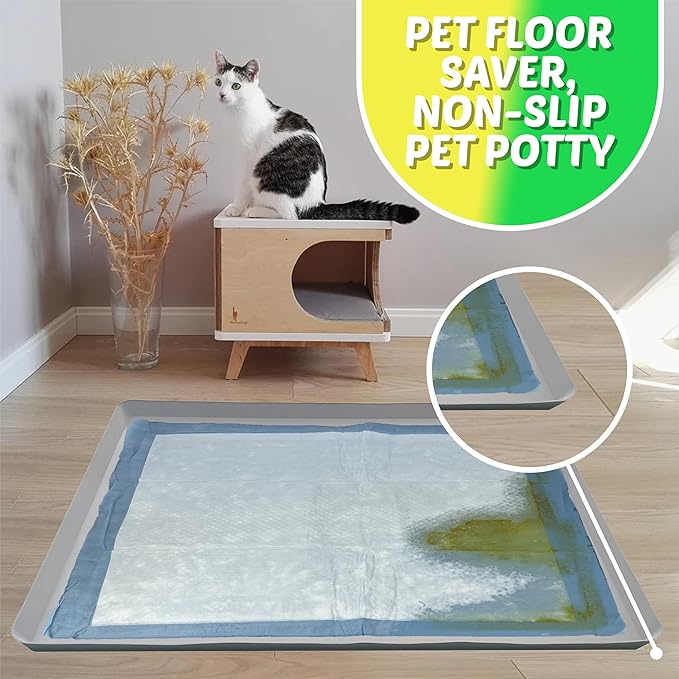 TidyFriend Dog Pee Pad Holder Tray Fits for 28” x 34” Wee Wee Pee Pads - Stable Grip, Raised Edges, Quick-Wipe Silicone Surface Dog Potty Tray Holder for Indoor Flooring Protection (Light Grey)
