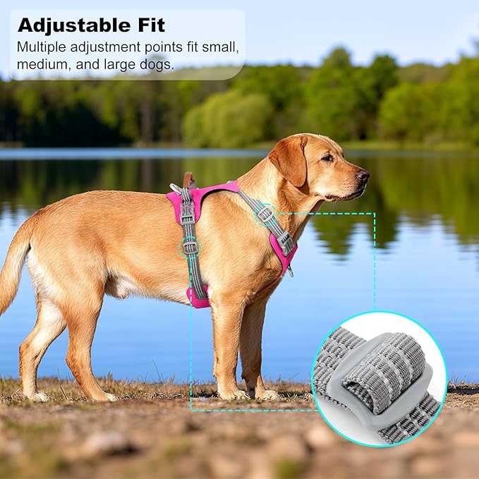 No Pull Dog Harness – Adjustable Reflective Nylon Vest for Small Medium Large Dogs, Escape Proof Training Harness with Leather Control Handle, Lightweight Aluminum Hardware (Hot Pink, M)