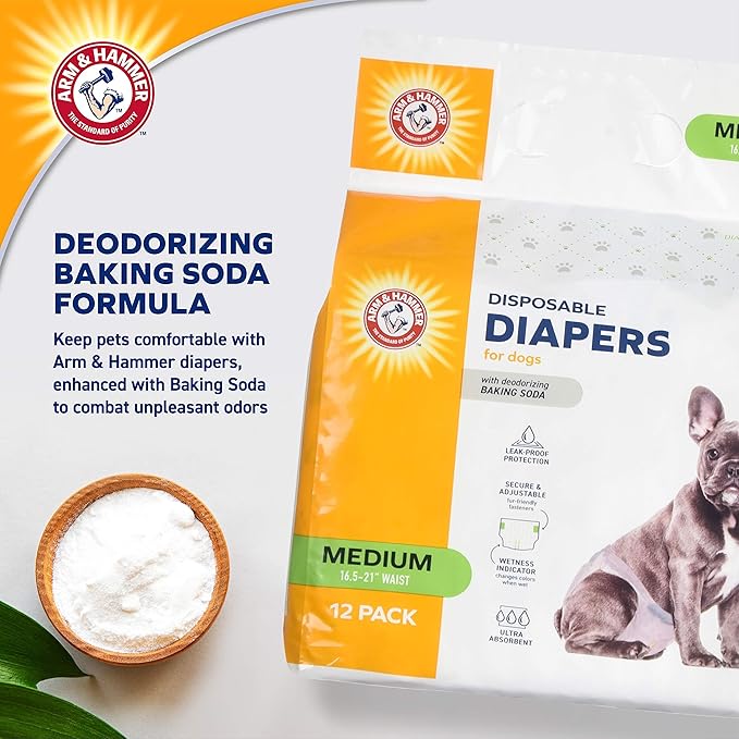 Arm & Hammer for Pets Disposable Female Dog Diapers with Odor Control and Wetness Indicator, Leak Resistant Dog Diapers for Incontinence and Heat Cycles, Size Medium 16.5–21 in Waist, 12 Count - 2 Pk