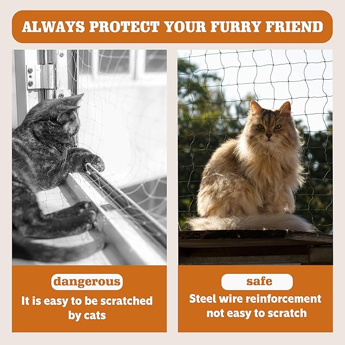 Cat Netting,Balcony Netting for Pets,Steel Wire Reinforced Balcony Screen for Pets, Anti-Fall Cat Net for Balcony and Windows,Stair, Patio（Black,10 * 13ft）