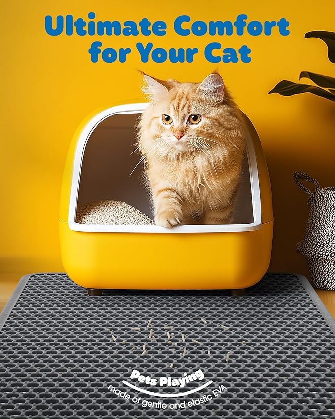 35" x 30" Cat Litter Mat - Ultra-Large Litter Box Mat with Double Layers, Urine-Proof and Non-Slip Litter Trapping Mat, Easy to Clean Kitty Litter Mats for Floor, Scatter Control, Grey