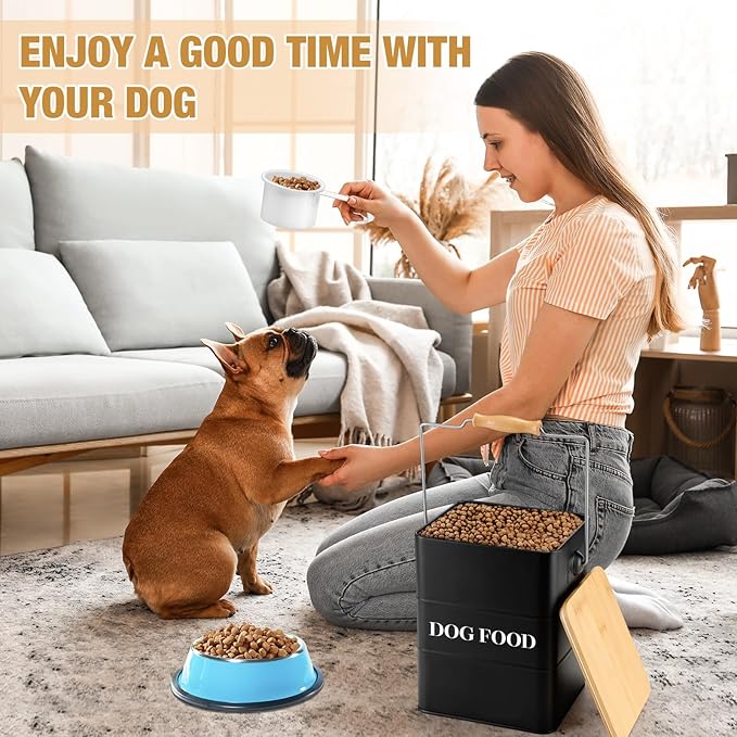Tioncy 2 Pcs Metal Dog Food Storage Containers Total 10-14 Lbs (50 Cup) Capacity, Airtight Pet Food Canister with Bamboo Lids Scoop DIY Labels Dog Treat Storage Jars for Kitchen Counter(Black，white)