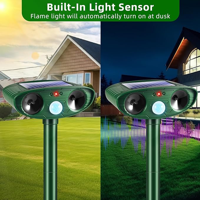 4 Pack 2026 Solar Ultrasonic Animal Repellent Outdoor Cat Squirrel Deer Repellent Devices Rabbit Deterrent for Garden,Animal Repeller with Motion Sensor for Dog Skunk Raccoon Rabbit Rodent
