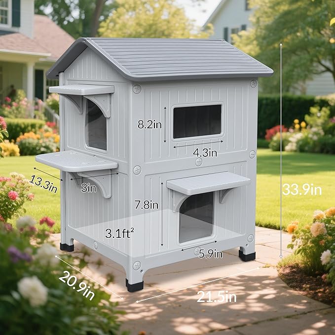 Weatherproof Outdoor Insulated Cat House for Feral Multi Cat, 2 Storey Plastic Elevated Cat Shelter with Escape Door, Easy Assemble, Expansive Interior‌ Grey 34" D x 21" W x 21.5" H