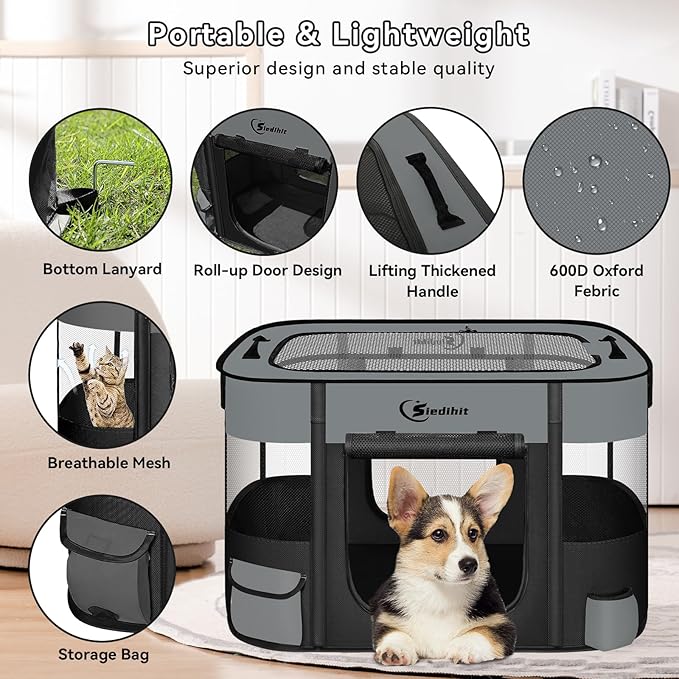 Dog Playpen,Cat Pet Puppy Pen,Portable Playpens for Dogs Indoor Outdoor Travel Camping Use,Foldable Dog Kennel Tent Crate for Rabbit Small Animals with Carrying Case (Dark Grey, Large)