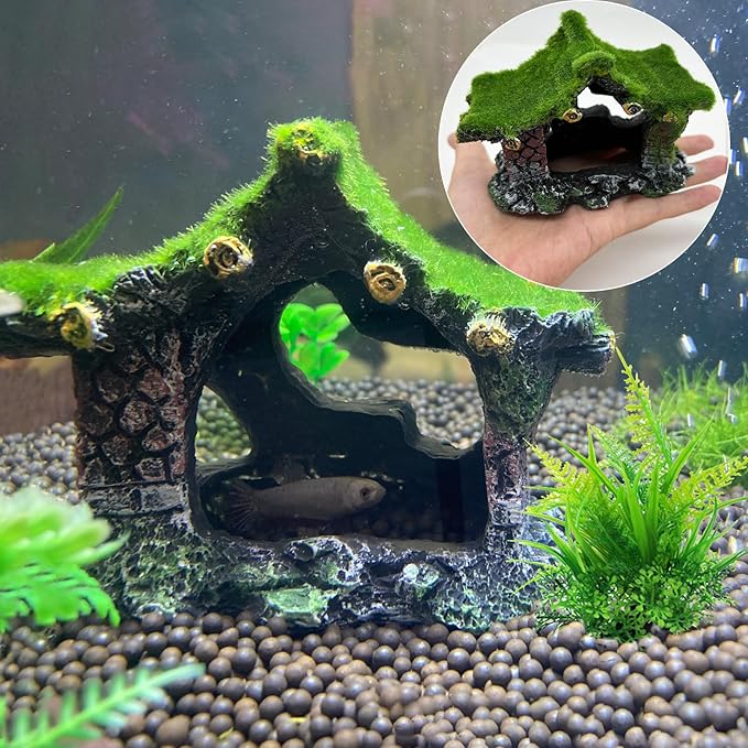 Tfwadmx Aquarium Decoration House Resin Hollow Betta Hideout House Fish Hide Tank Terrarium Accessories Cave Ornament for Small Shrimp Hideaway with Moss（2Pcs）
