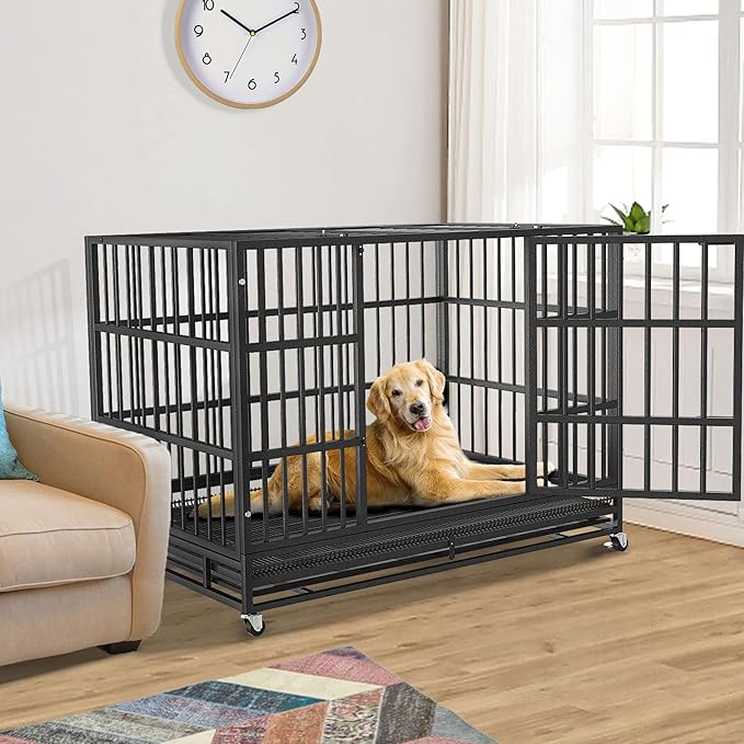 42 inch Heavy Duty Indestructible and Escape-Proof Dog Crate Cage Kennel for Large Dogs, High Anxiety Dog Crate with Removable Wire Trays and Wheels, Extra Large XL XXL, Black