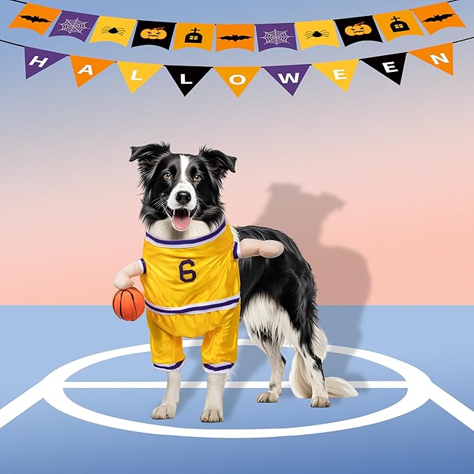 DELIFUR Dog Basketball Player Costume - Pet Halloween Costume Adjustable Funny Dress Up Sports Outfit Cosplay Clothes for Small Medium Dog (Yellow Basketball, Large)