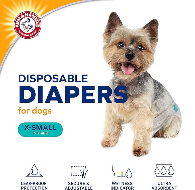 Arm & Hammer for Pets for Pets Female Dog Diapers, Size X-Small | Ultra-Absorbent, Adjustable Girl Dog Diapers with Leak-Proof Protection and Wetness Indicator (Pack of 6,72 Count Total)