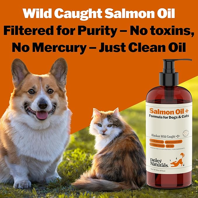 Deley Naturals Wild Alaskan Salmon Oil for Dogs & Cats - New and Improved Salmon Oil Plus Formula - Fish Oil for Dogs with Omega 3, DHA and EPA - Omega 3 for Healthy Skin and Coat - 8oz Made in USA
