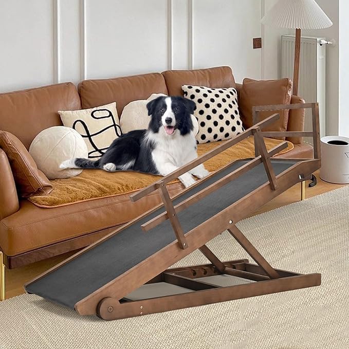 Dog Ramp for Bed, Adjustable Pet Ramps for Dog to Get on Bed, Non-Slip Rubber Surface - Folding Wooden Dog Ramp for Small/Large/Old Dogs, Adjustable up to 31 inch High Beds, Safety Railings