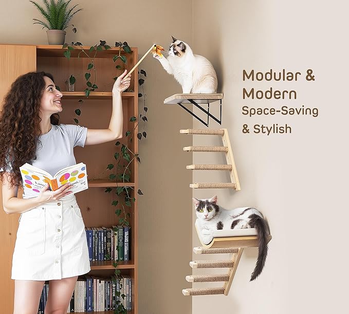 Cat Wall Shelf with Curved Hammock Bed, Wall Mounted Cat Perch with Beige Soft Foam Cushion, Floating Wall Furniture for Climbing, Sleeping & Lounging