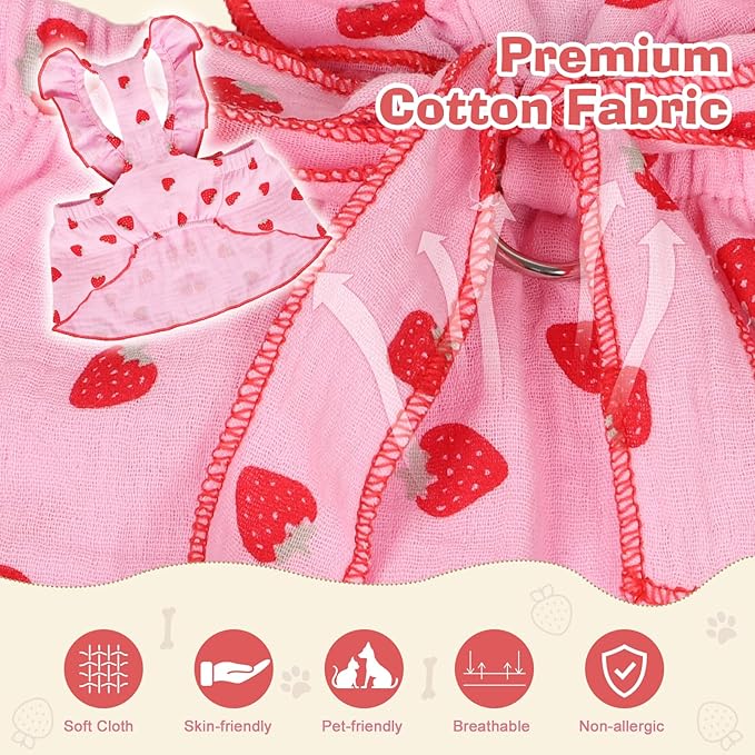 2-Piecs Cotton Detachable Pet Cat Dog Collar with Strawberry Pendant and Bell + 1-Piece Small Dog Cat Dress, Girl's Cat Costume, Cute Bow-Decorated Outfit, Strawberry Print Pet Birthday Set (Large)